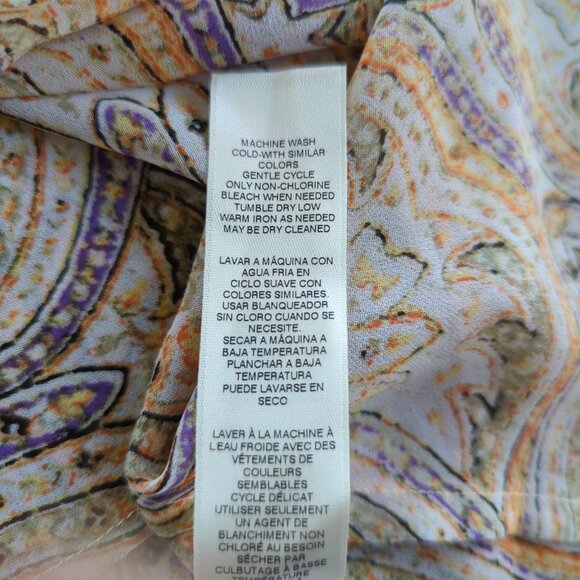 Chico's Paisley long tab sleeve asymmetrical orange‎ green cream tunic sz 1 sz 8 - Picture 14 of 16